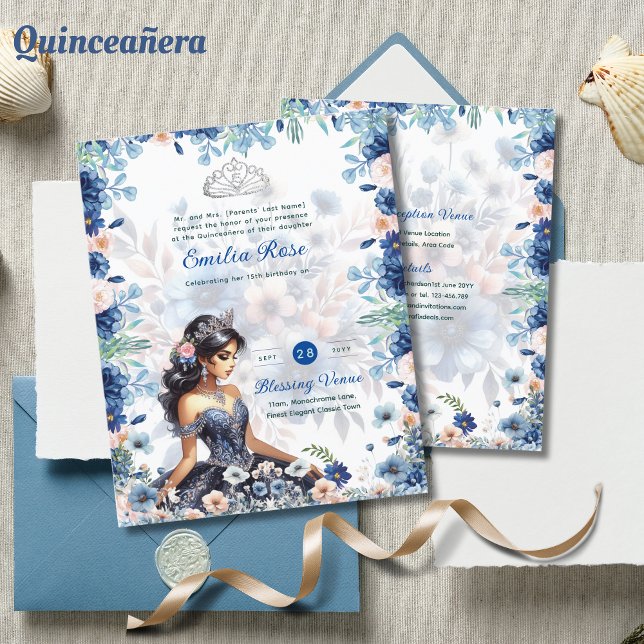 Navy Blue Quinceanera Jurk Bloemen Rozen (Creator heeft geüpload)