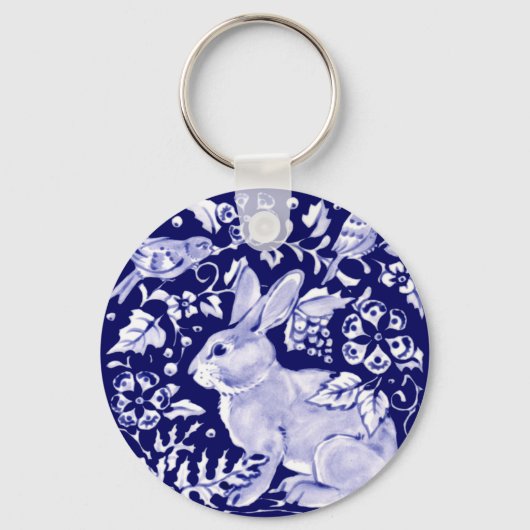 Navy Blue Rabbit Bunny Bird Dedham Delft Sleutelhanger (Voorkant)