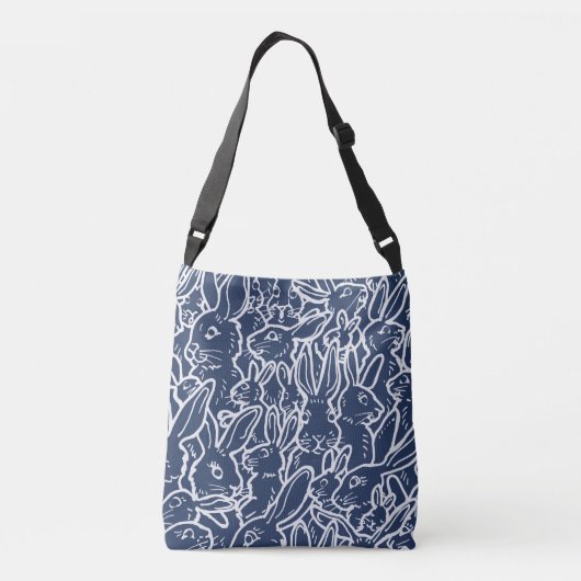 Navy Blue Rabbit Doodle Pattern Monogram Crossbody Tas (Achterkant)