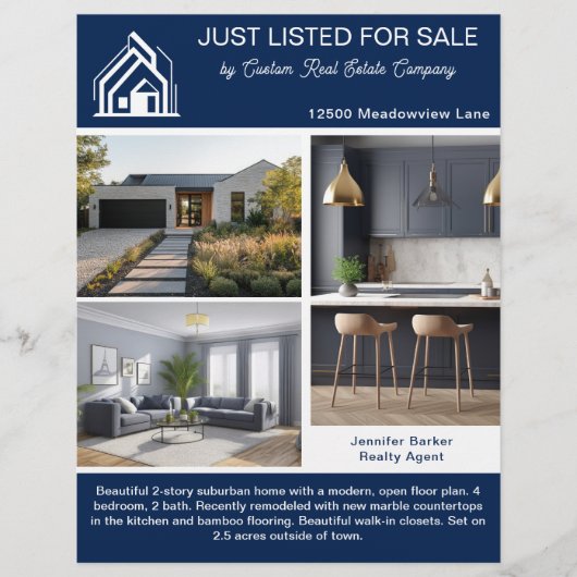 Navy Blue Real Estate Home Listing 2 Sided Modern Flyer (Voorkant)