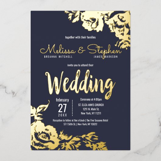 Navy Blue Real Gold Floral Wedding Folie Uitnodiging (Voorkant)
