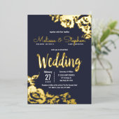 Navy Blue Real Gold Floral Wedding Folie Uitnodiging (Staand Voorkant)