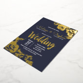 Navy Blue Real Gold Floral Wedding Folie Uitnodiging (Gedraaid)