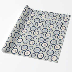 Navy Blue Red Beach Sea Shells Verjaardag Cadeaupapier