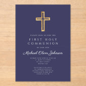 Navy Blue Religious Cross Boy First Communion Acryl Uitnodigingen (Voorkant)