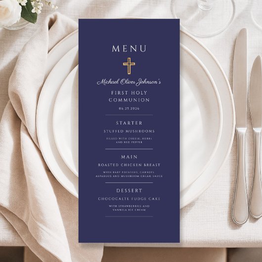 Navy Blue Religious Cross Boy First Communion Menu