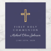 Navy Blue Religious Cross Boy First Communion Wijn Etiket (Enkel label)