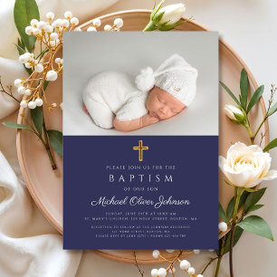 Navy Blue Religious Cross Photo Boy Baptisme Kaart
