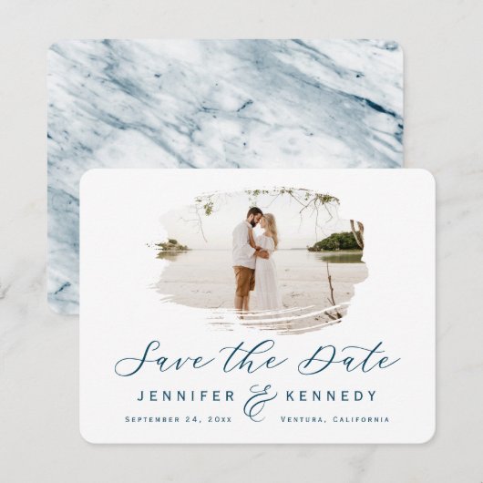 Navy Blue Romantic geborsteld Lijst met foto Save The Date (Voorkant / Achterkant)