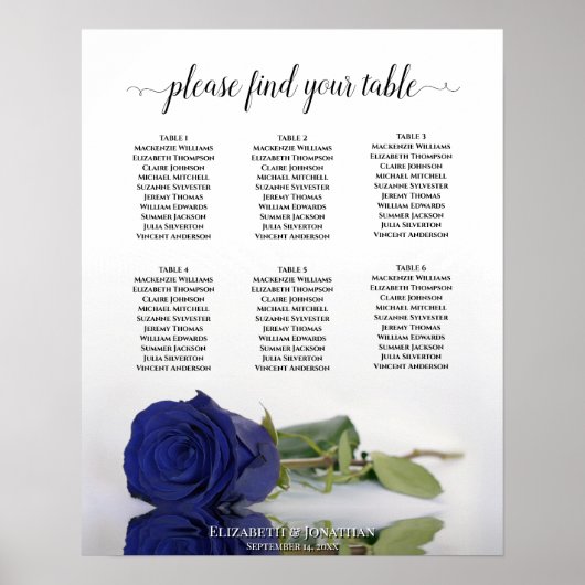 Navy Blue Roos 6 Table Wedding Seating Chart Poster (Voorkant)