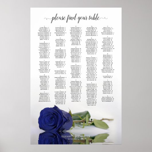 Navy Blue Roos Alfabetical Wedding Seating Chart Poster (Voorkant)