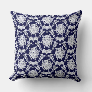 Navy Blue Roos/Damask Reversible Decorative Pillow Kussen