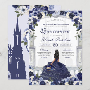 Navy Blue Roos Elegant Charro Princess Quinceanera Kaart