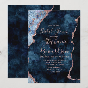 Navy Blue Roos Gold Agaat Bridal Shower Invitation Kaart