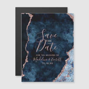 Navy Blue Roos Gold Agaat Bruiloft Save the Date Magnetische Uitnodiging