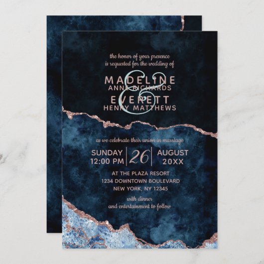 Navy Blue Roos Gold Agaat Gilt Bruiloft Uitnodigin Kaart (Voorkant / Achterkant)