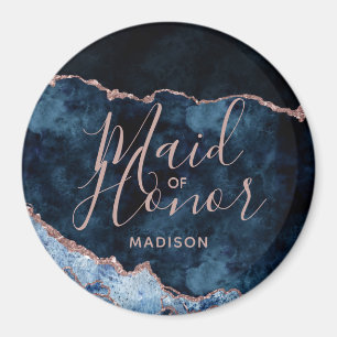 Navy Blue & Roos Gold Agaat Marmer Maid of Honor Magneet