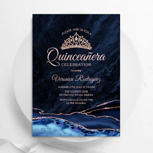 Navy Blue Roos Gold Agaat Quinceanera Kaart
