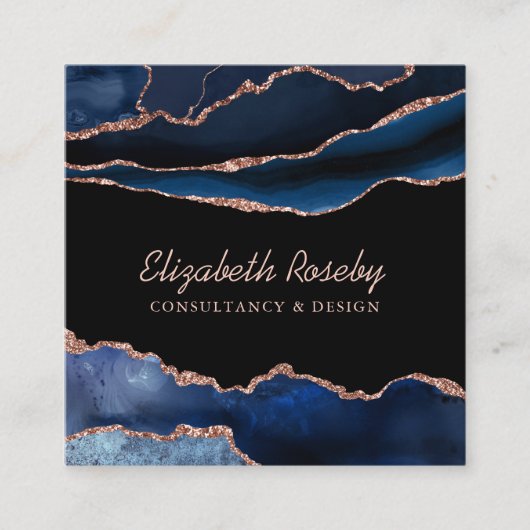 Navy Blue Roos Gold Agate Geode Vierkante Visitekaartje (Voorkant)