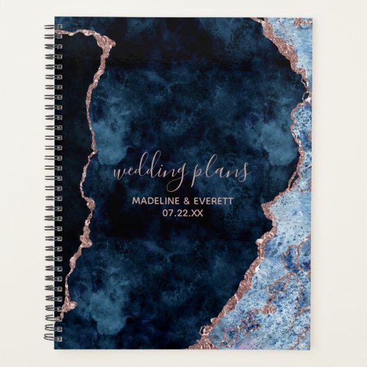 Navy Blue Roos Gold Agate Marmer Wedding Plans Planner (Voorkant)