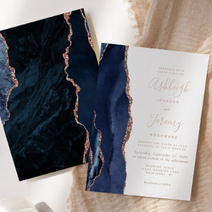 Navy Blue Roos Gold Agate Modern Wedding Folie Uitnodiging