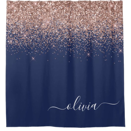 Navy Blue Roos Gold Blush Pink Glitter Monogram Douchegordijn (Voorkant)