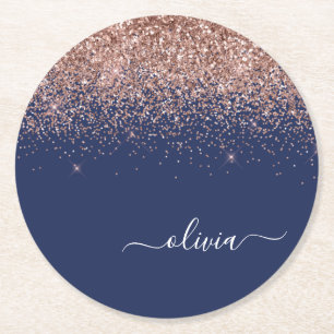 Navy Blue Roos Gold Blush Pink Glitter Monogram Ronde Kartonnen Onderzetter