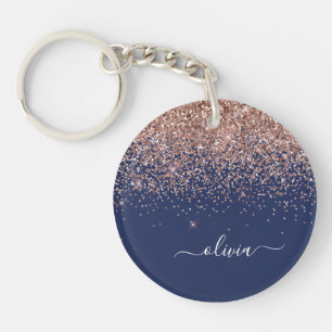 Navy Blue Roos Gold Blush Pink Glitter Monogram Sleutelhanger