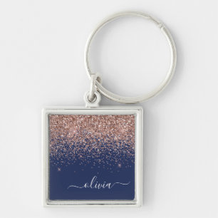 Navy Blue Roos Gold Blush Pink Glitter Monogram Sleutelhanger
