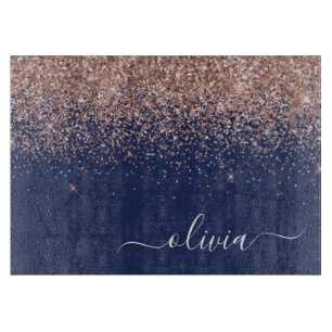 Navy Blue Roos Gold Blush Pink Glitter Monogram Snijplank