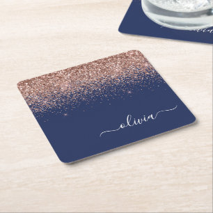 Navy Blue Roos Gold Blush Pink Glitter Monogram Vierkante Kartonnen Onderzetter