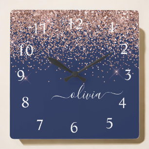 Navy Blue Roos Gold Blush Pink Glitter Monogram Vierkante Klok