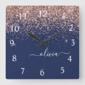 Navy Blue Roos Gold Blush Pink Glitter Monogram Vierkante Klok (Voorkant)