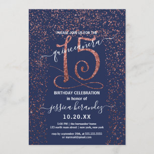 Navy Blue Roos Gold Confetti Border Quinceañera Kaart