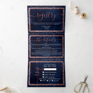 Navy Blue Roos Gold Confetti Registry Details RSVP Drieluik Uitnodiging