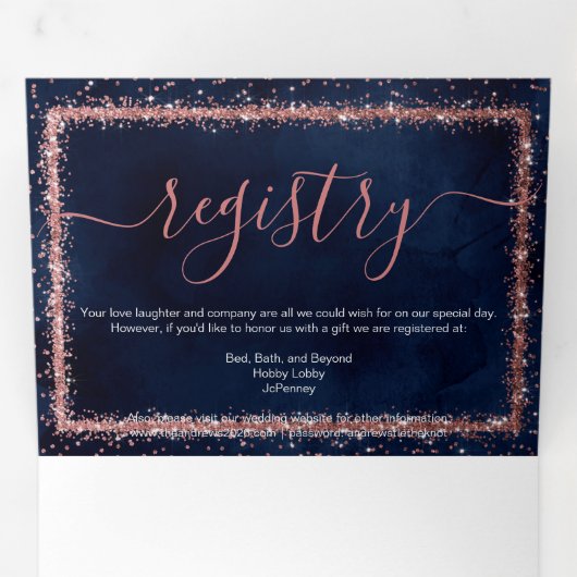 Navy Blue Roos Gold Confetti Registry Details RSVP Drieluik Uitnodiging (Binnenzijde eerst)