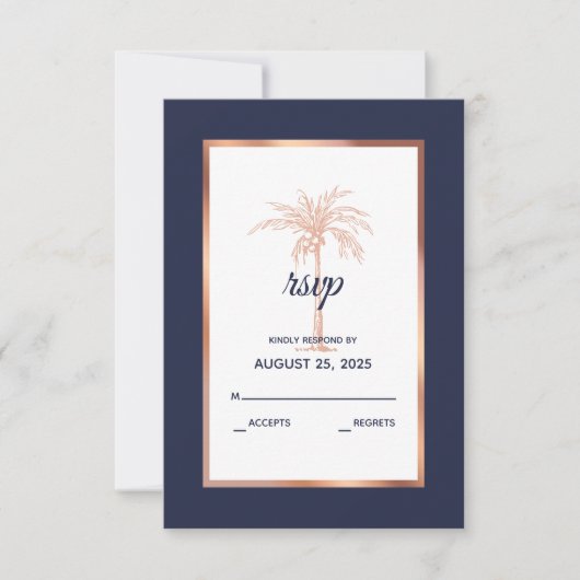 Navy Blue Roos Gold Copper Palm Tree Beach Weddens RSVP Kaartje (Voorkant)