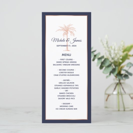 Navy Blue Roos Gold Copper Palm Tree Weddenschap Menu (Staand voorkant)