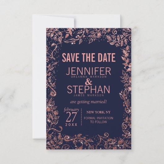 Navy Blue Roos Gold Floral Glitter Wedding Save The Date (Voorkant)