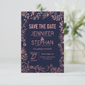 Navy Blue Roos Gold Floral Glitter Wedding Save The Date (Staand voorkant)