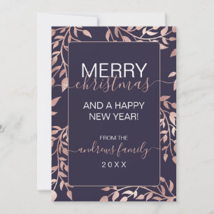 Navy Blue Roos Gold Floral laat kerst achter Feestdagenkaart