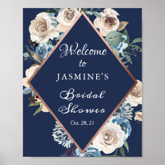Navy Blue Roos Gold Floral Vrijgezellenfeest Sign Poster