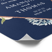 Navy Blue Roos Gold Floral Weddenschap Welkomsttek Poster (Hoek)