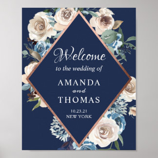 Navy Blue Roos Gold Floral Weddenschap Welkomsttek Poster
