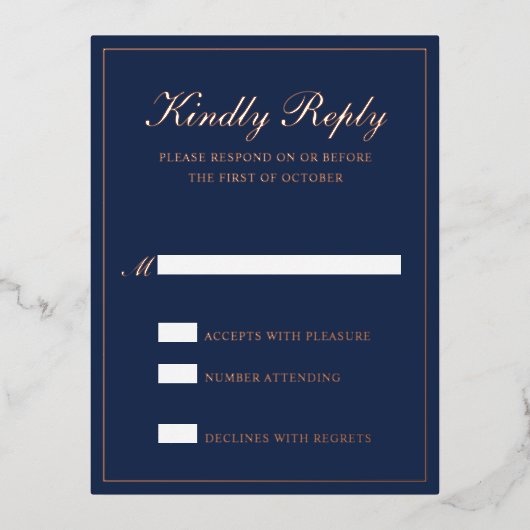 Navy Blue Roos Gold Foil Formal Wedding RSVP Kaart (Voorkant)