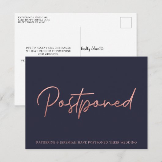 Navy Blue Roos Gold Foil Huwelijksuitstel Briefkaart (Voorkant / Achterkant)