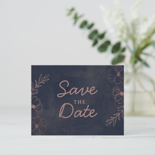 Navy Blue & Roos Gold Foil Rustic Save the Date Aankondigingskaart (Staand voorkant)