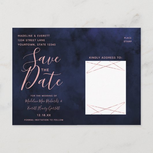 Navy Blue & Roos Gold Geometric Save the Date Aankondigingskaart (Achterkant)
