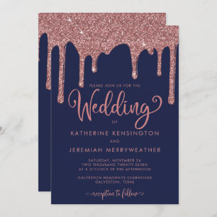 Navy Blue Roos Gold Glam Glitter Wedding Kaart