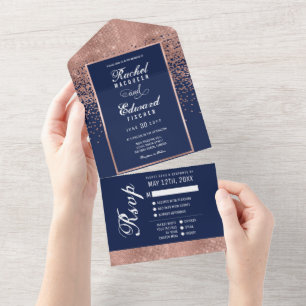Navy Blue Roos Gold Glitter Confetti Wedding RSVP All In One Uitnodiging